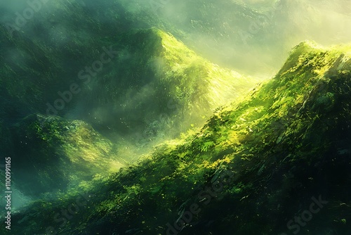 The soft light of the rising sun illuminates the mountain meadows.