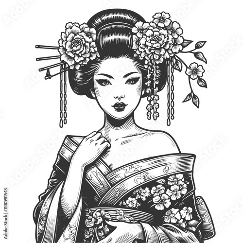 geisha in a floral-patterned kimono, asian woman sketch engraving generative ai fictional character vector illustration. Scratch board imitation. Black and white image.