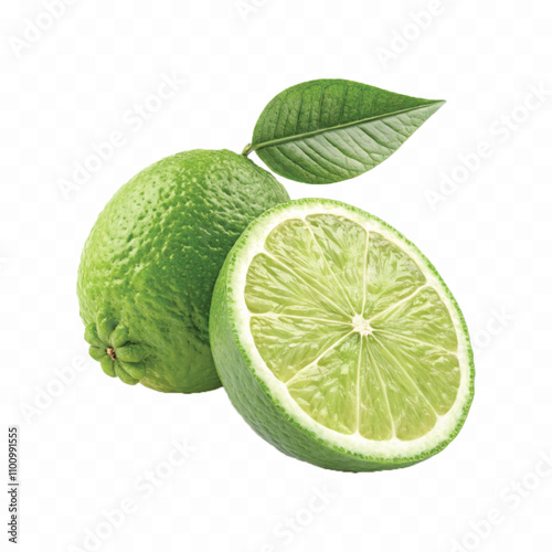 abstract 3d  green or yellow lemon with cut in half and slices isolated on white background.