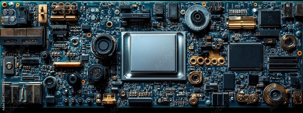 Intricate circuitry design showcasing various electronic components on a motherboard