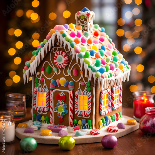 Fully Bright Frosted Gingerbread House Adorned with Colorful Candy