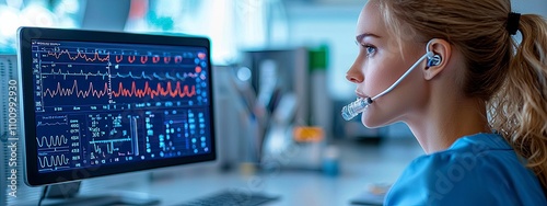 Medical professional monitoring patient data on computer screen in hospital setting