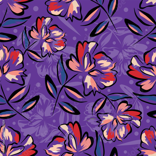 Trendy Floral pattern in the many kind of flowers. Tropical botanical Motifs scattered random. Seamless vector texture. Printing with in hand drawn style on dark background