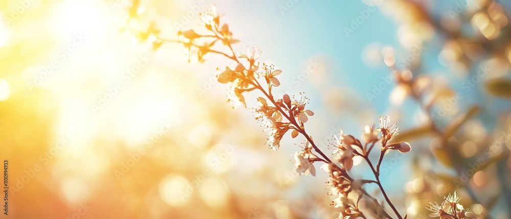 Clear spring blue sky with warm sunny glow and soft blurred sunlight background