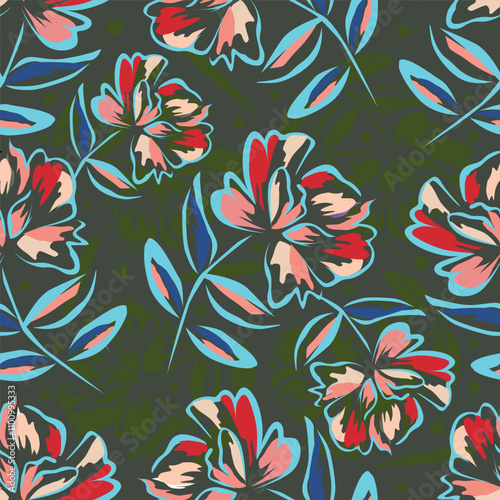 Trendy Floral pattern in the many kind of flowers. Tropical botanical Motifs scattered random. Seamless vector texture. Printing with in hand drawn style on dark background