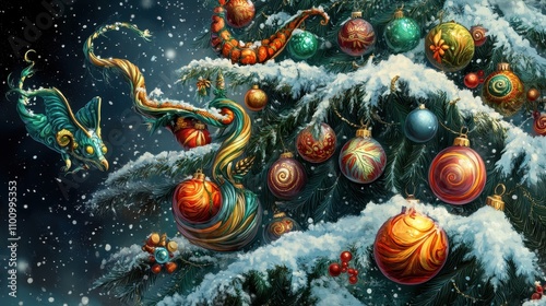 Fantasy Dragon Adorns A Snowy Christmas Tree