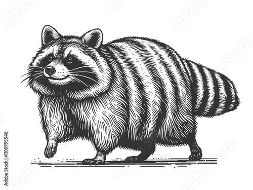 Chubby raccoon with a bushy tail, showcasing intricate details and playful character sketch engraving generative ai vector illustration. Scratch board imitation. Black and white image.