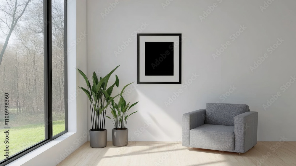 Minimalist living room mockup featuring an empty frame and a cozy chair - ideal for interior design projects. Minimalist living room mockup featuring an empty frame and a cozy chair - ideal for interior design projects.