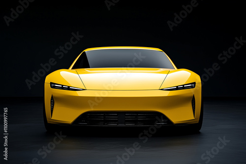 front view of a yellow futuristic electric sports car isolated on a dark background
