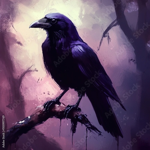 Majestic Raven in the Twilight Forest: A Dark Fantasy Painting photo