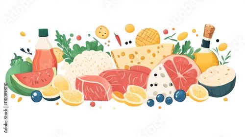 Illustration of a well-rounded diet including proteins, healthy fats,