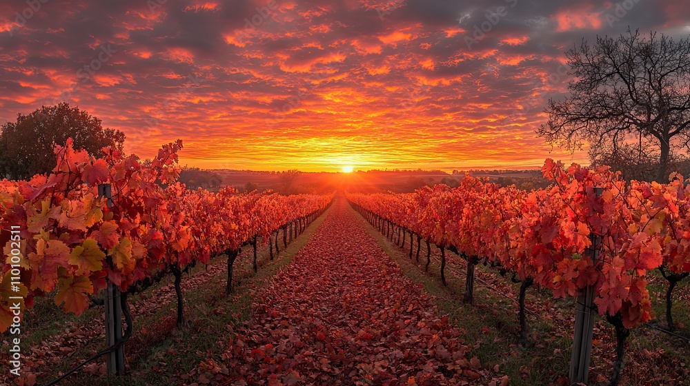 Fototapeta premium Grape vines adorned with autumn leaves thrive under a beautifully colored sky, representing the harvest season.