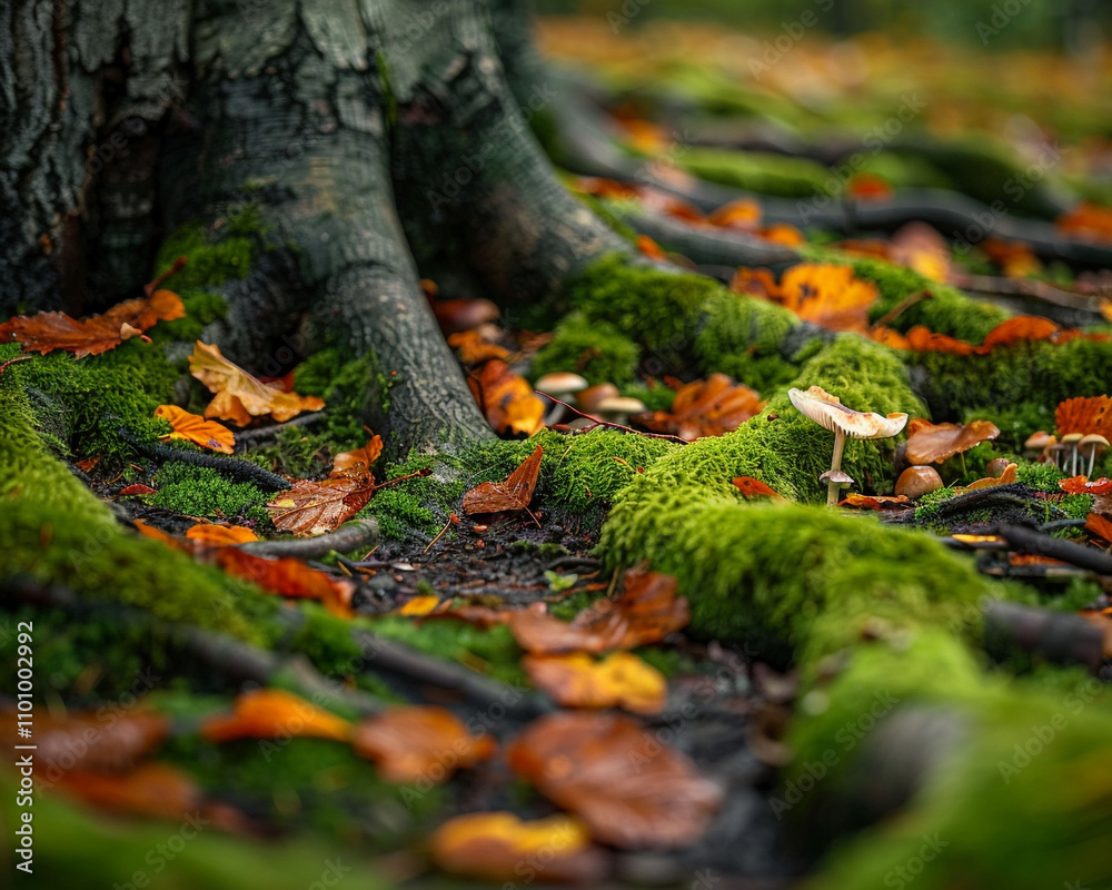 A detailed close-up of a Scandinavian forest floor, showcasing green moss, fallen leaves, and tiny mushrooms among the roots of ancient trees. A detailed close-up of a Scandinavian forest floor, showcasing green moss, fallen leaves, and tiny mushrooms among the roots of ancient trees.
