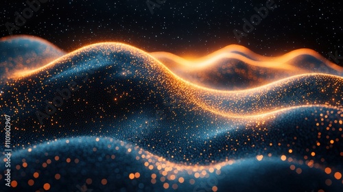 Abstract digital landscape with glowing waves and sparkles.