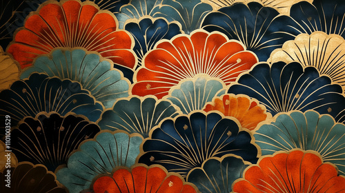 扇形の和柄デザイン素材｜金色と青赤の調和が美しい日本伝統パターン背景