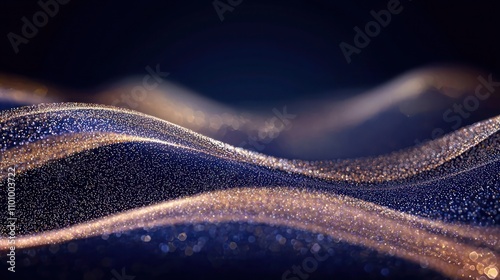 Elegant New Year scene with subtle glitter waves in fine, shimmering particles on a deep navy blue background. 