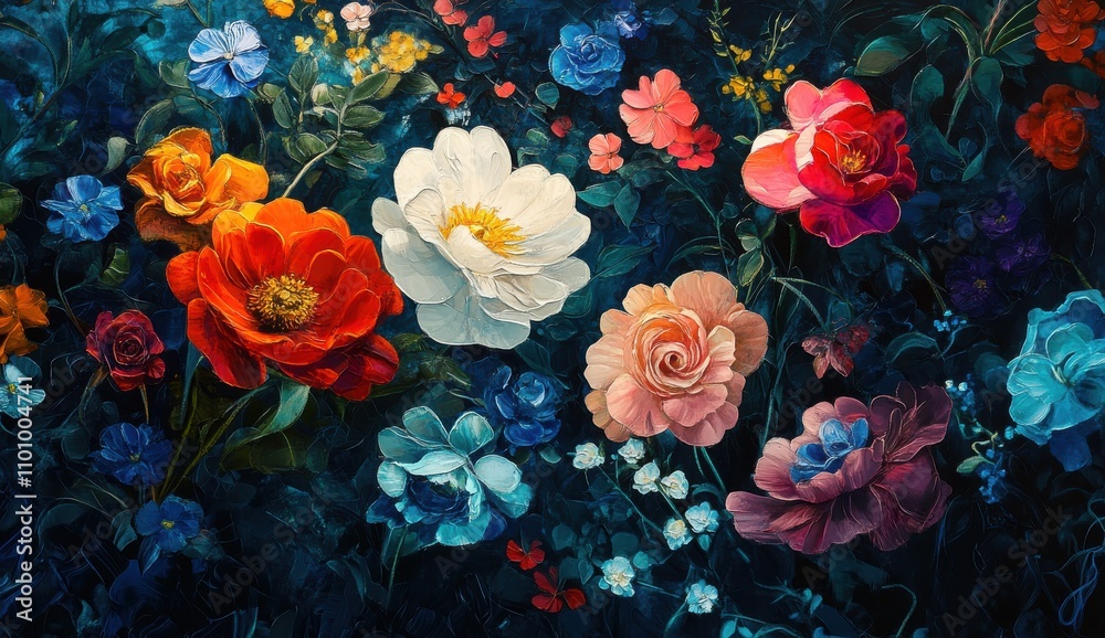 Fototapeta premium Vibrant Floral Arrangement Displaying a Variety of Colorful Blooms Against a Dark Background, Capturing Nature's Exquisite Beauty and Diversity