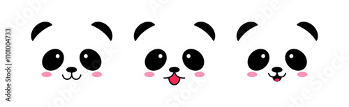 Cute panda face. Kawaii panda cartoon with different expression. Panda set with smile, stick out tongue, laugh. Vector illustration