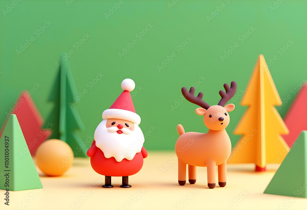 Fototapeta premium Create whimsical Christmas scene featuring cheerful Santa Claus and friendly reindeer surrounded by colorful trees and geometric shapes. This playful setting evokes holiday joy and creativity