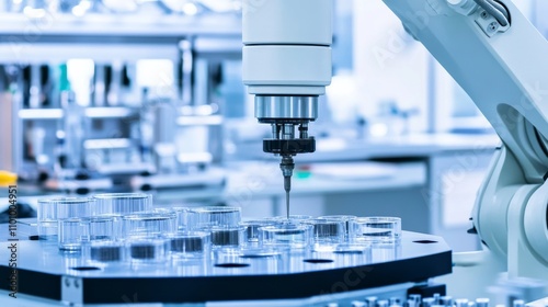 A robot performing high-precision assembly of optical lenses in a clean and sophisticated optics lab, high-tech and detailed environment, Optics-tech style photo