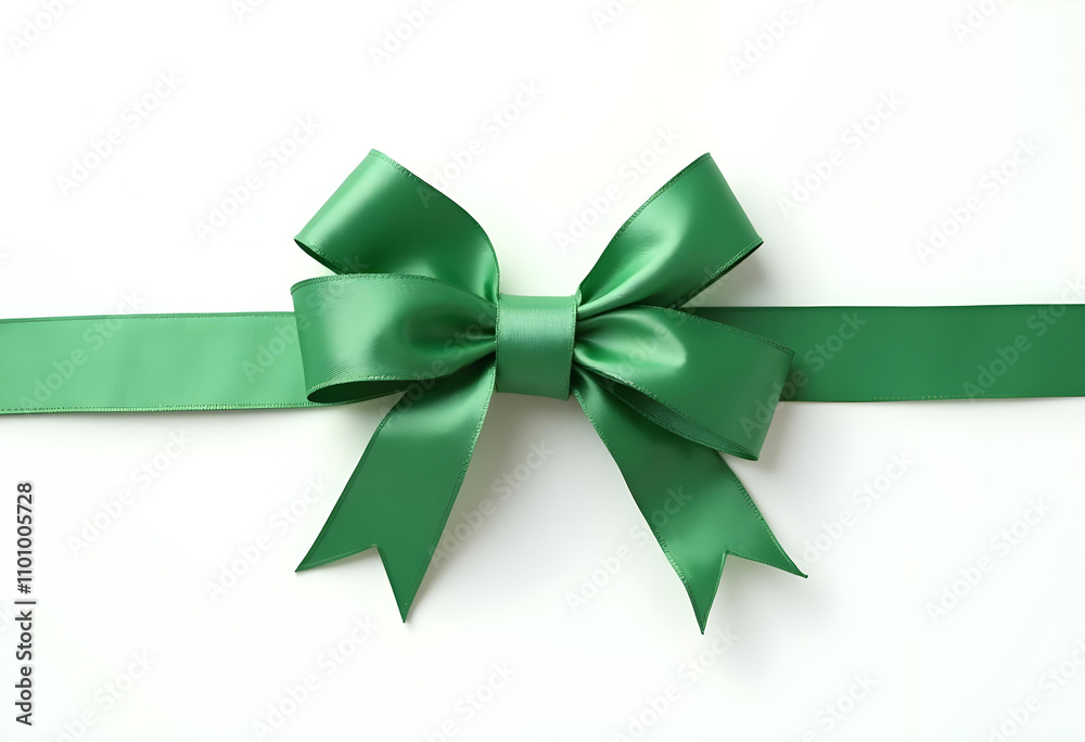 vibrant green ribbon bow on smooth white background, perfect for gifts and decorations. This elegant design adds festive touch to any occasion