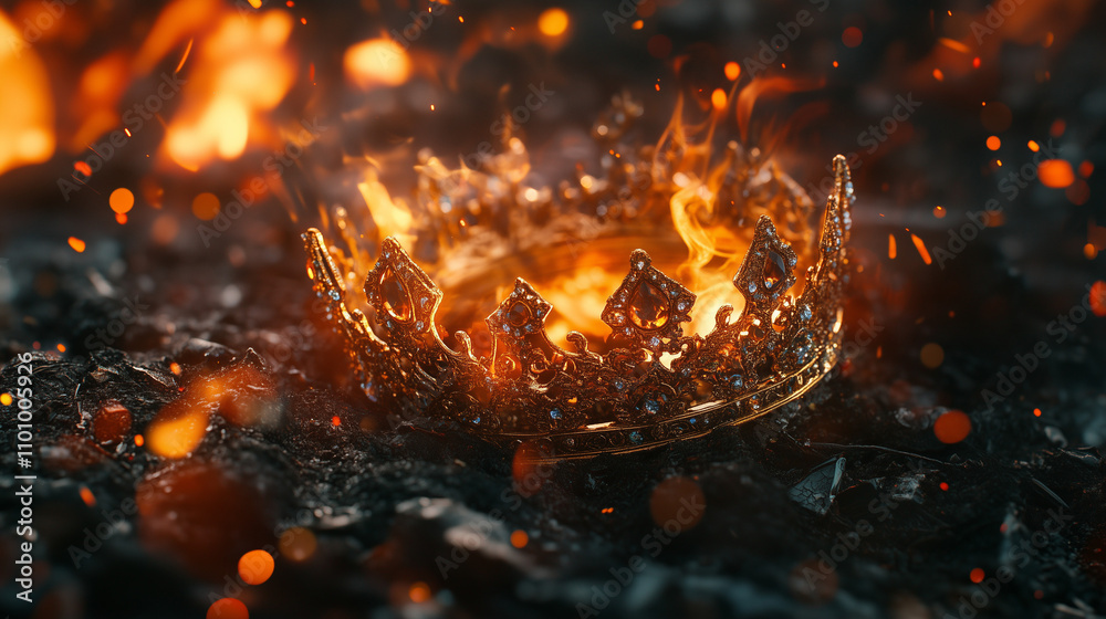 A detailed golden crown embedded with jewels burns vividly on dark embers with glowing fiery sparks rising around. A detailed golden crown embedded with jewels burns vividly on dark embers with glowing fiery sparks rising around.