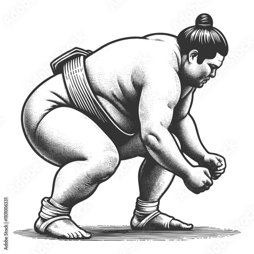 sumo wrestler crouching in a traditional pre-fight stance, emphasizing strength and discipline sketch engraving generative ai vector illustration. Scratch board imitation. Black and white image.