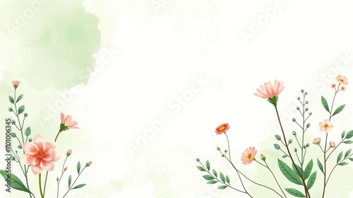 Green watercolor background featuring a stylized arrangement of botanical elements such as flowers leaves and stems in a minimalist composition, watercolor, minimalist