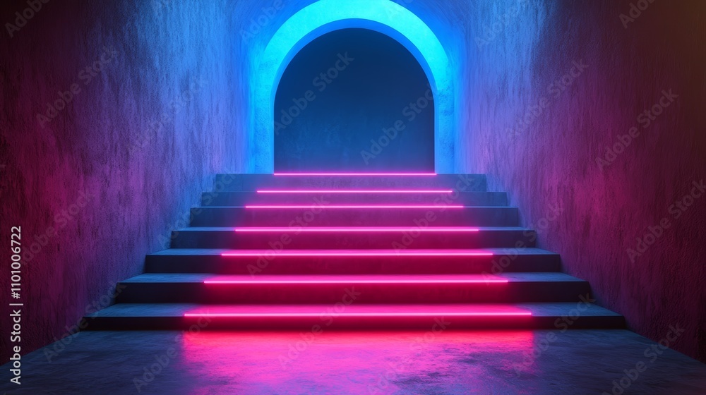 Fototapeta premium Neon illuminated stairway leading to an arched doorway in a dark room.