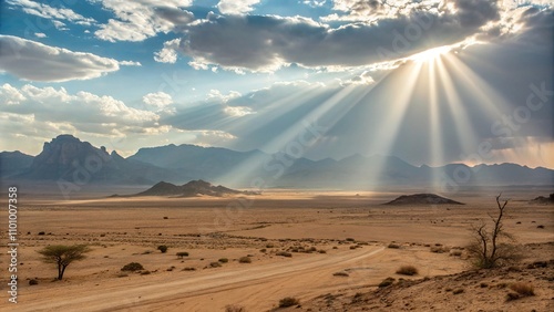 Luminous Light Beams in Desert Landscape, luminous light beams, rocky hills