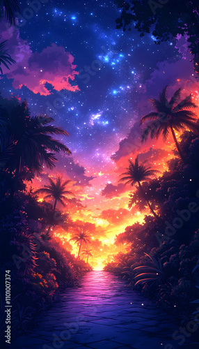 Magical sunset over tropical river.