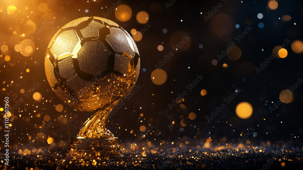 Fototapeta premium A simple, golden football trophy design. It sparkles against a dark background, using shiny gold dots and lines.