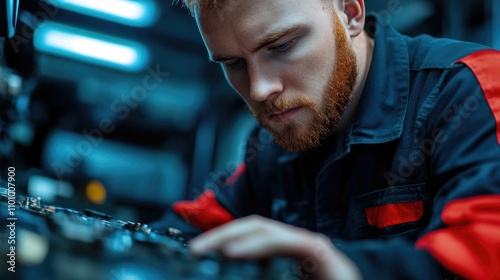 Mechanic Apprentice Diligently Learning Engine Tuning Techniques Under the Supervision of an Experienced Mentor in an Automotive Workshop Setting photo