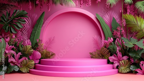 Pink podium with tropical plants and pink background for product display.