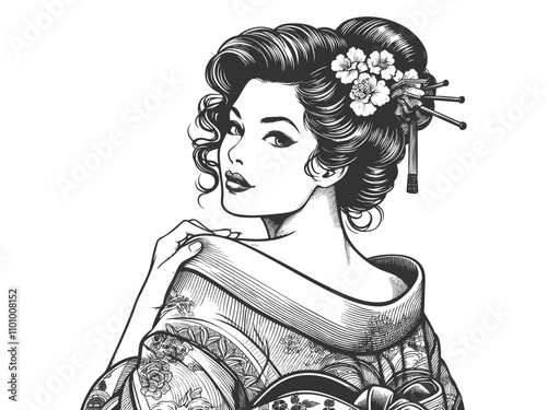 Japanese geisha in a floral kimono, gracefully looking over her shoulder with a serene expression sketch engraving generative ai vector illustration. Scratch board imitation. Black and white image.