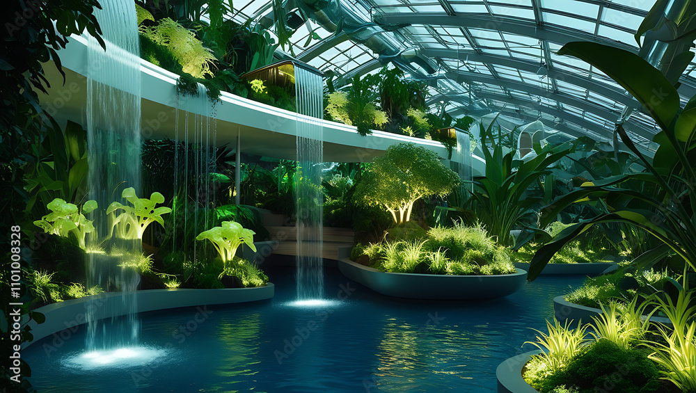 Fototapeta premium A futuristic greenhouse filled with glowing bioluminescent plants, cascading water features, and sleek, glass architecture blending nature and technology harmoniously.