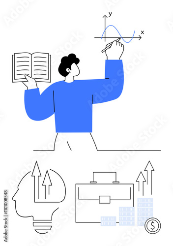 Person drawing graph while holding an open book. Icons of head with upward arrows, briefcase, rising chart, and coins. Ideal for education, business, analytics, finance strategy innovation