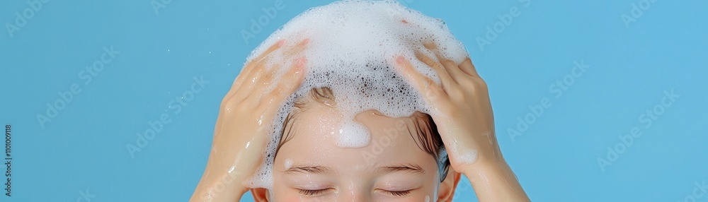 Fototapeta premium A child is happily washing their hair with shampoo, creating bubbles, against a bright blue background.