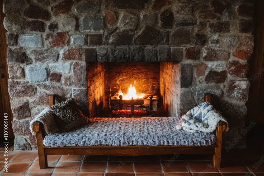 Fototapeta premium Cozy Fireplace in Rustic Stone Cottage