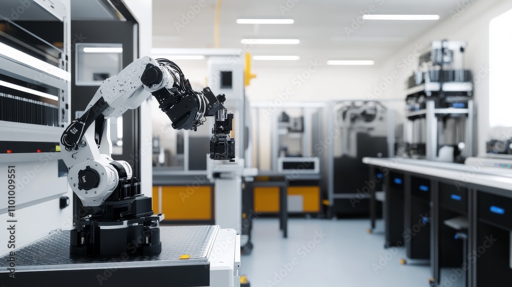 Fototapeta premium A robot performing precise operations in a modern 3D printing facility with clean, organized printing stations and advanced additive manufacturing tools, 3D printing tech style