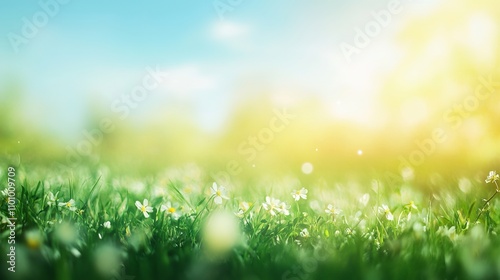 Sunny spring meadow with blurred background, blue sky transitioning to green grass gradient, lush floral landscape, vibrant seasonal field, serene natural outdoor scenery photo