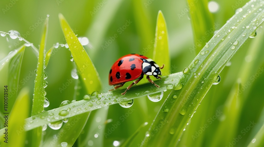 Fototapeta premium Ladybug with morning dew in spring