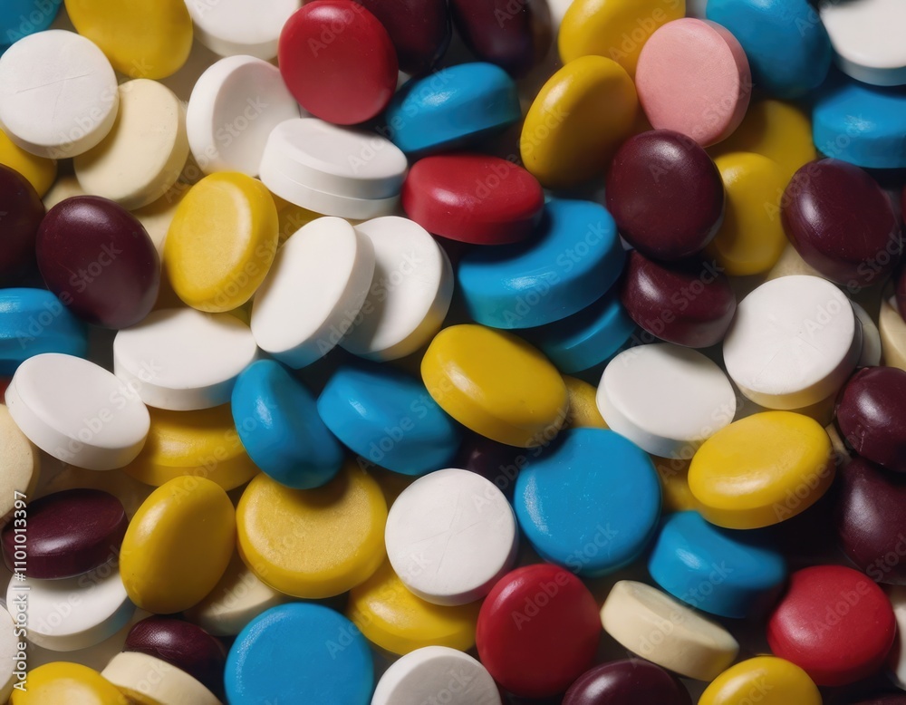 A variety of differently colored pills arranged on a table A variety of differently colored pills arranged on a table