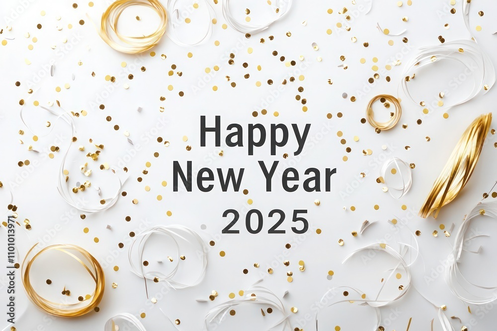 Obraz premium New Year banner with minimal white and gold party streamers and tiny confetti, 