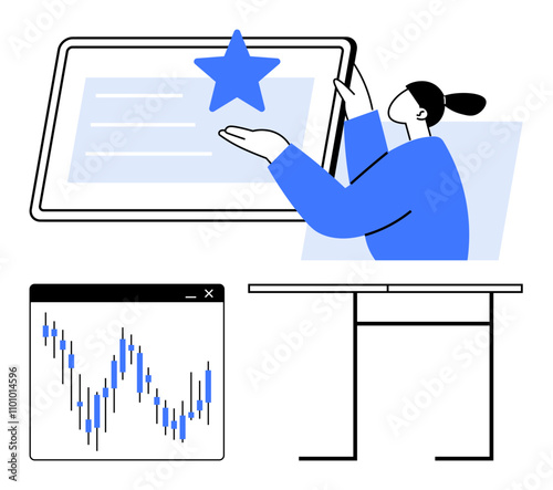 Person in blue shirt points to star on large digital screen. Stock chart with fluctuating prices. Minimalistic desk. Ideal for business presentations, goal setting, stock analysis, education