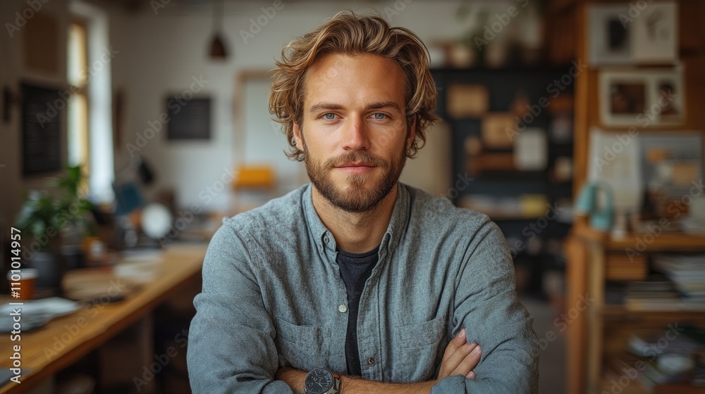 Fototapeta premium A man with a beard and a gray shirt is standing in a room with a potted plant