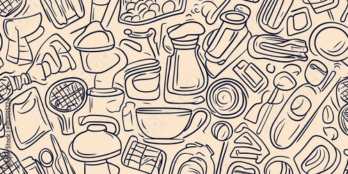 A whimsical illustration of various kitchen utensils and food items, intricately arranged in a playful pattern.