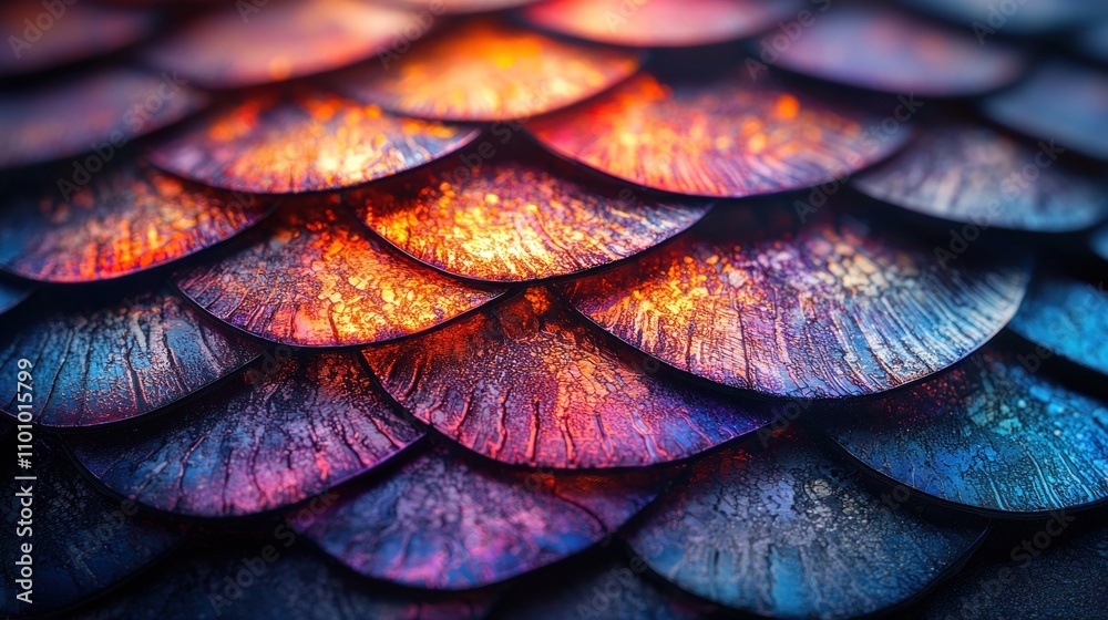 Obraz premium Colorful iridescent scales texture with glowing highlights in close-up view