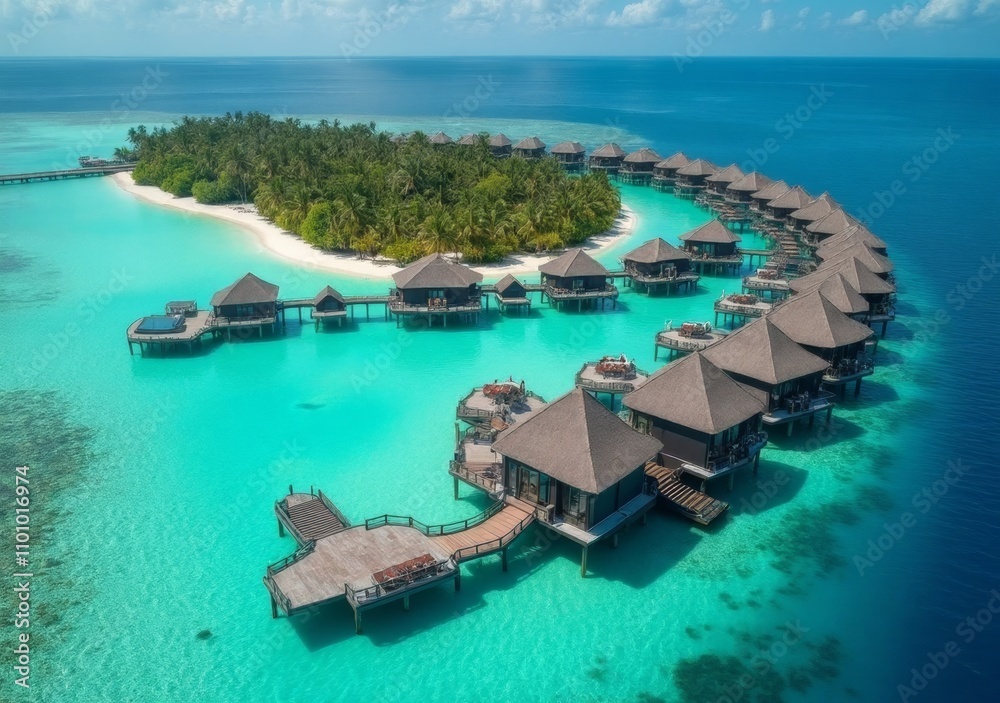 Fototapeta premium Luxurious overwater bungalows surrounded by turquoise waters in a tropical paradise