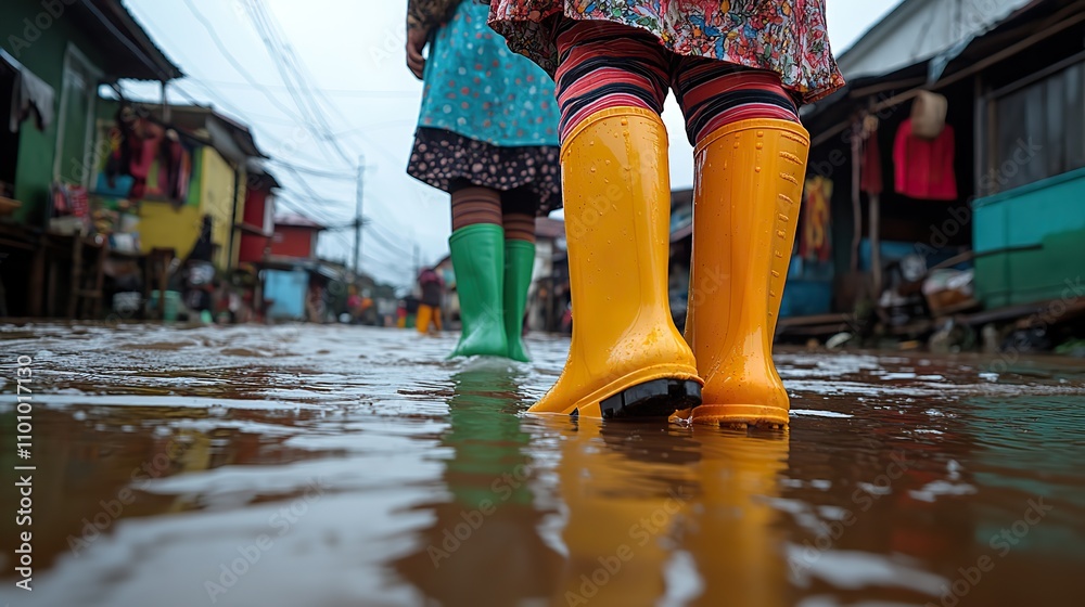People don rubber boots and gaiters, preparing to traverse a flooded area due to high tides. People don rubber boots and gaiters, preparing to traverse a flooded area due to high tides.